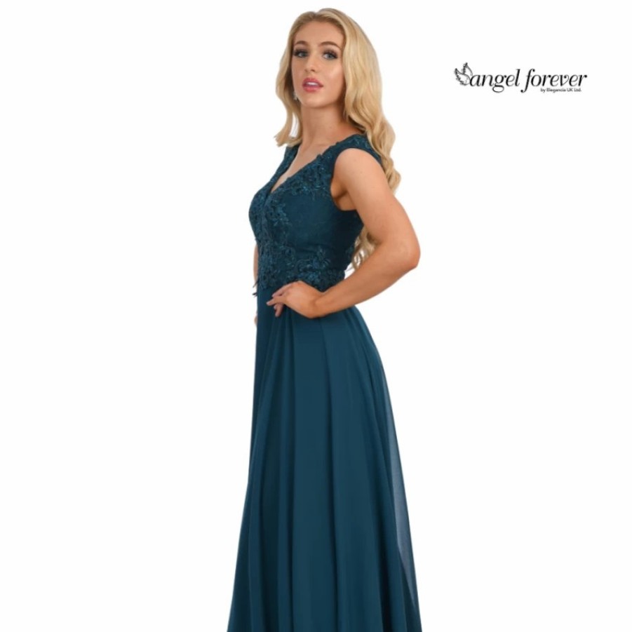 Angel Forever Angel Forever V Neck A Line Chiffon Prom Dress With Lace Bodice (Teal) Clearance