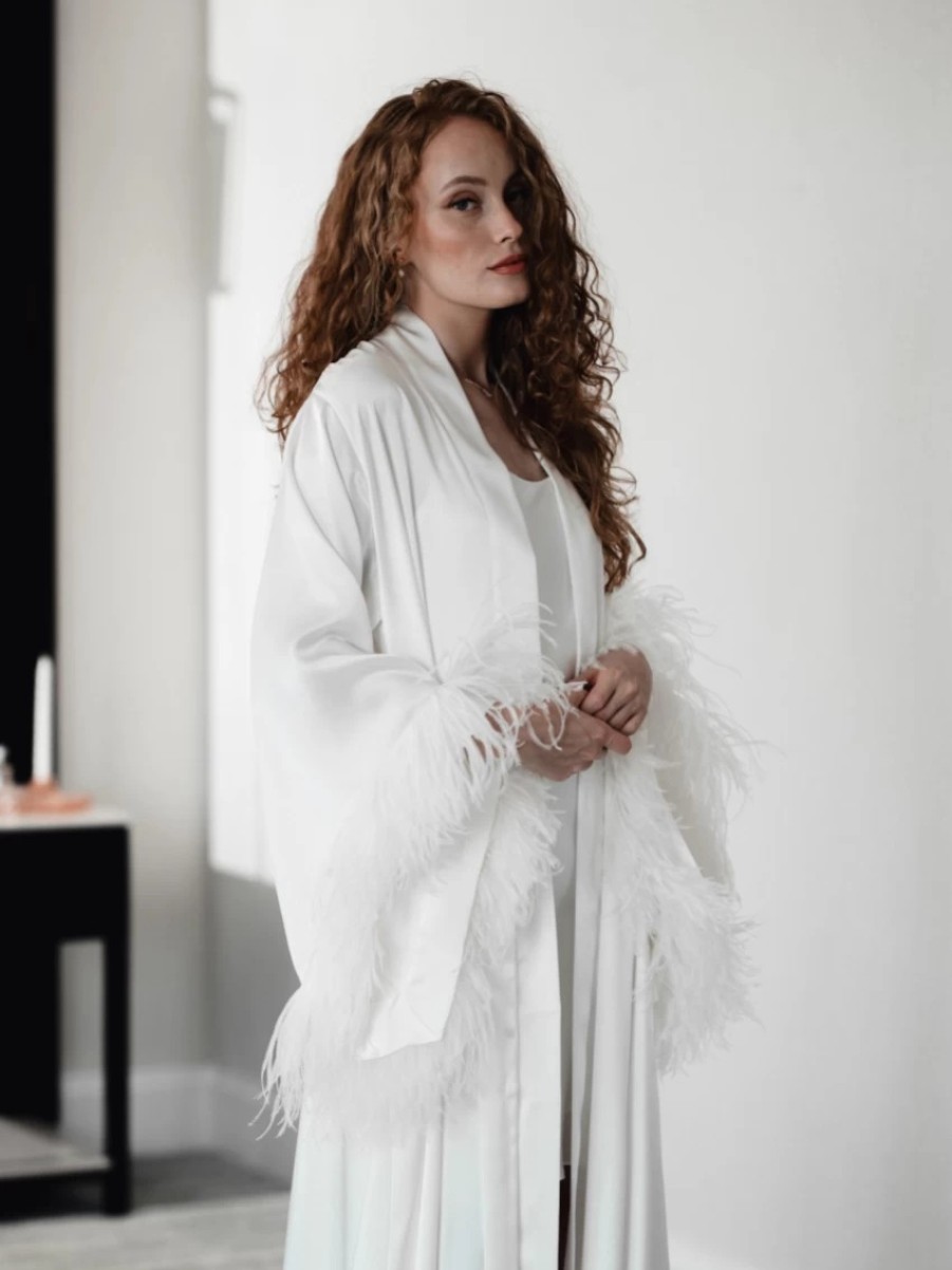 Arianna Arianna Florence Feather Sleeve Satin Bridal Robe (Ivory) New