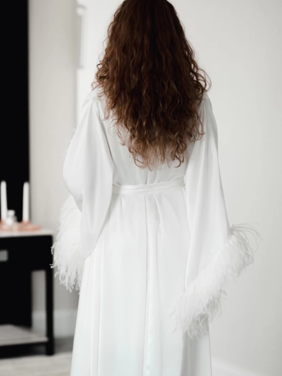 Arianna Arianna Florence Feather Sleeve Satin Bridal Robe (Ivory) New