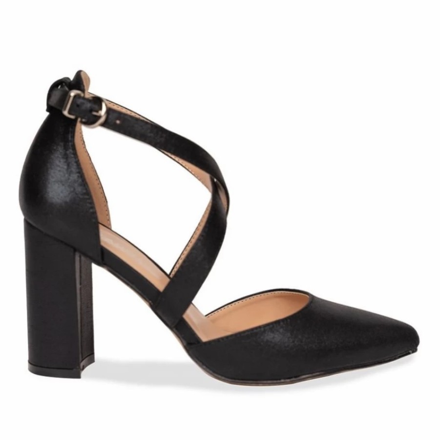 Pink Paradox London Paradox London Rylee Black Shimmer Cross Strap Block Heel Court Shoes Clearance