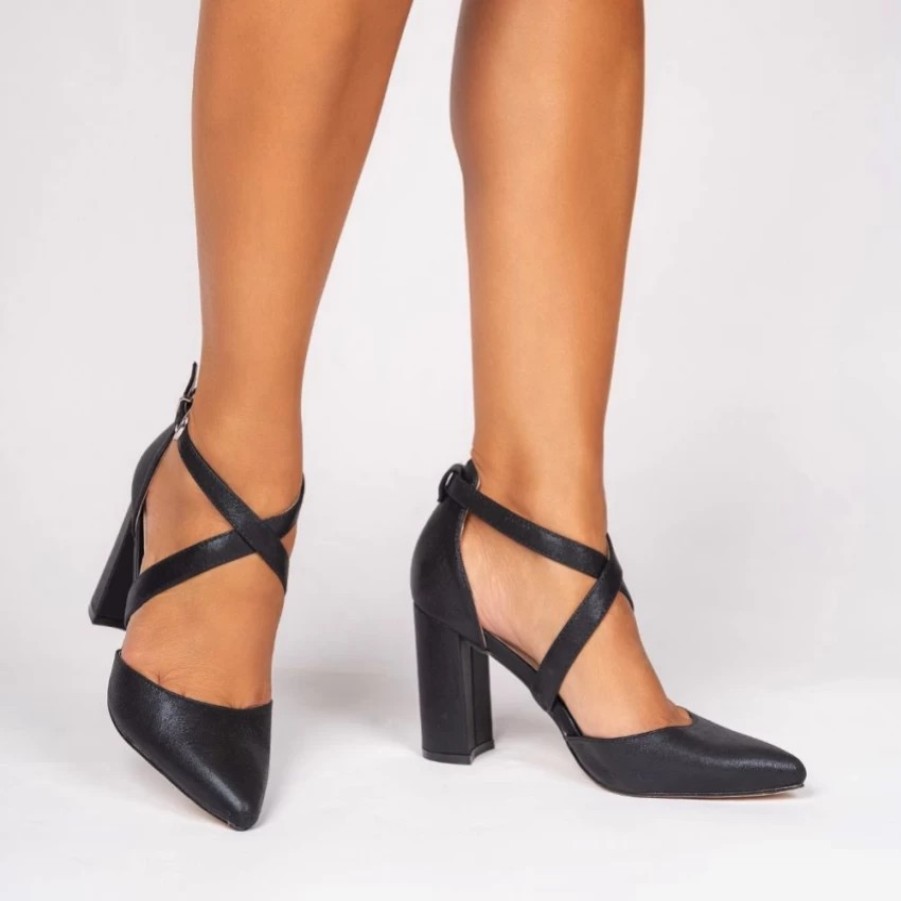 Pink Paradox London Paradox London Rylee Black Shimmer Cross Strap Block Heel Court Shoes Clearance