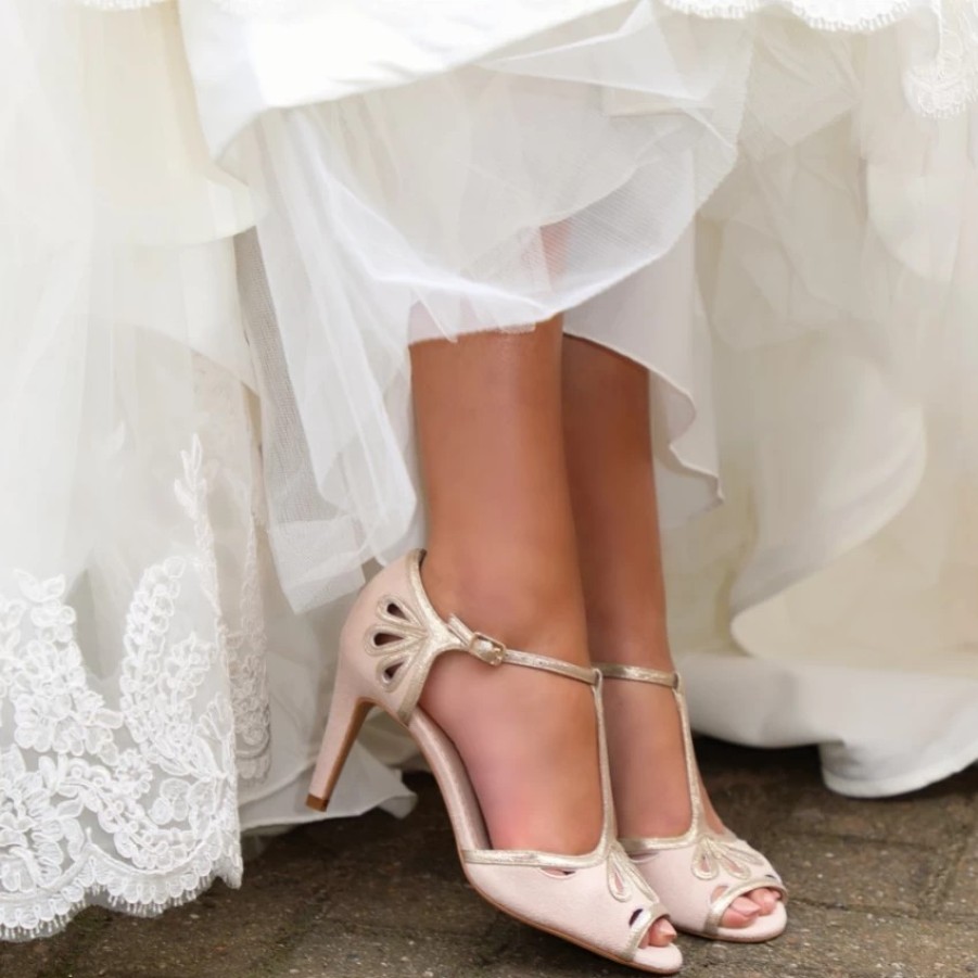 Perfect Bridal Perfect Bridal Esme Blush Suede And Gold Shimmer T-Bar Shoes Clearance