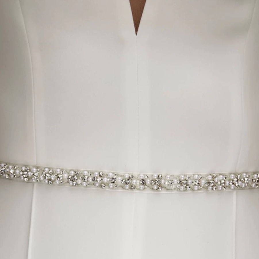 Bianco Evento Bianco Thin Pearl And Crystal Organza Wedding Dress Belt Best