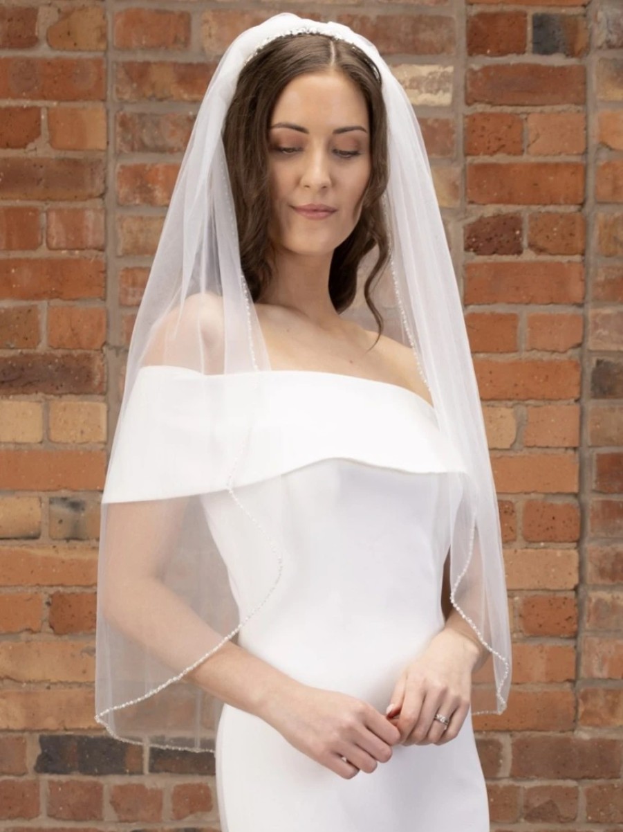 Perfect Bridal Perfect Bridal Ivory Single Tier Pearl And Crystal Edge Fingertip Veil New