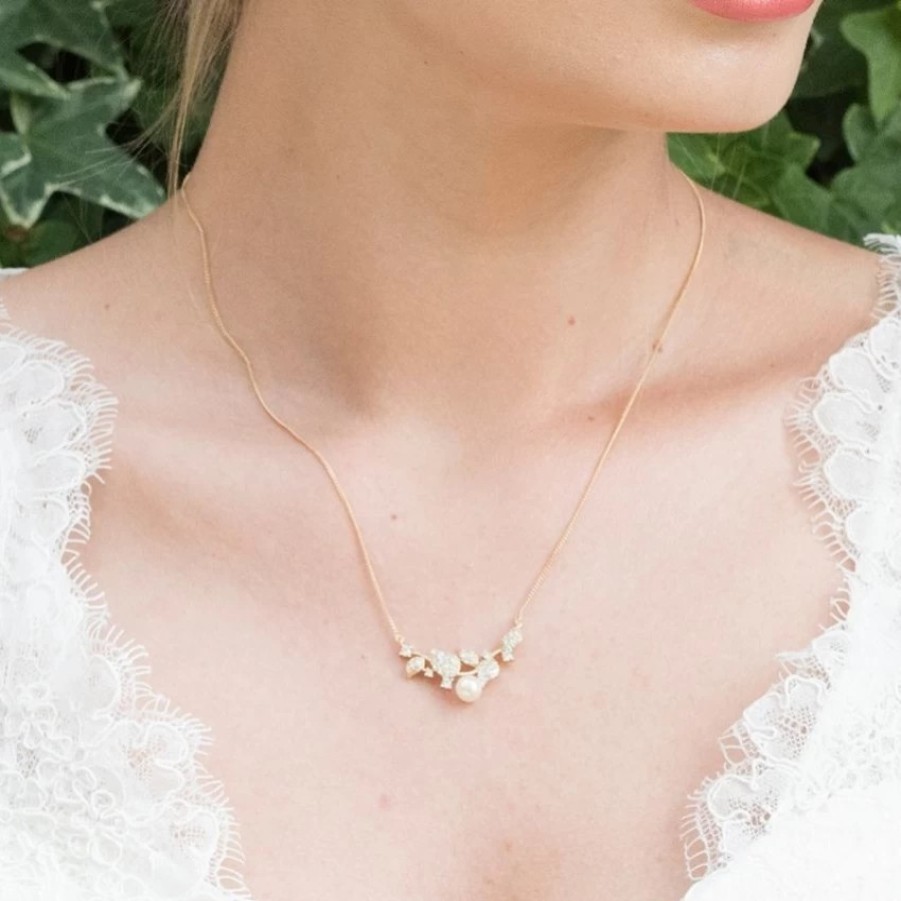 Ivory & Co Ivory And Co Aphrodite Crystal Leaves And Pearl Wedding Necklace (Gold) Wholesale