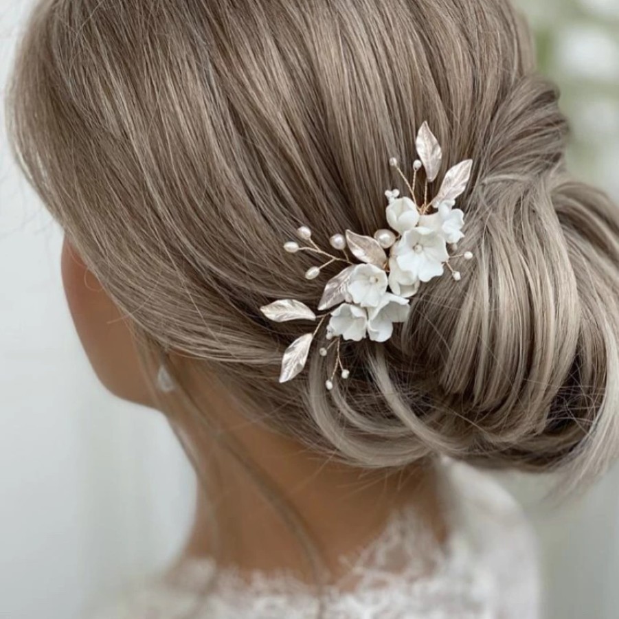 Lace & Favour Tulippa Porcelain Flowers And Champagne Gold Leaves Hair Comb Best