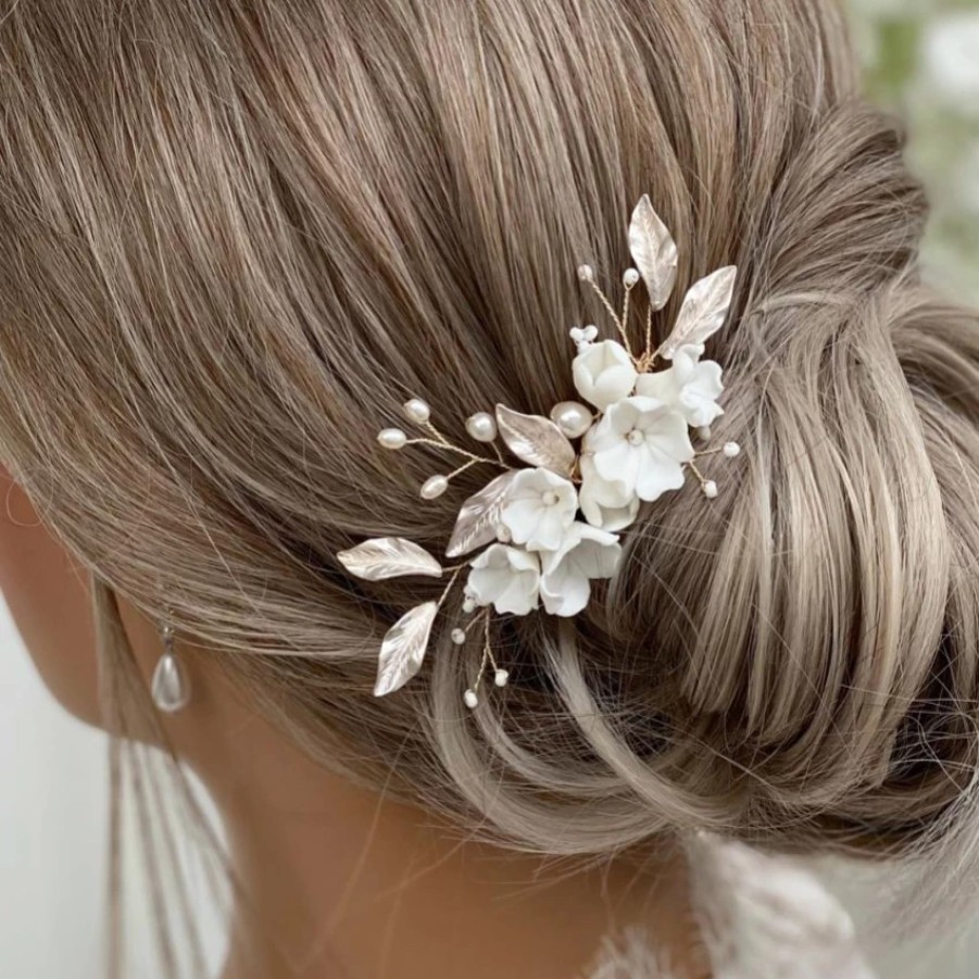 Lace & Favour Tulippa Porcelain Flowers And Champagne Gold Leaves Hair Comb Best