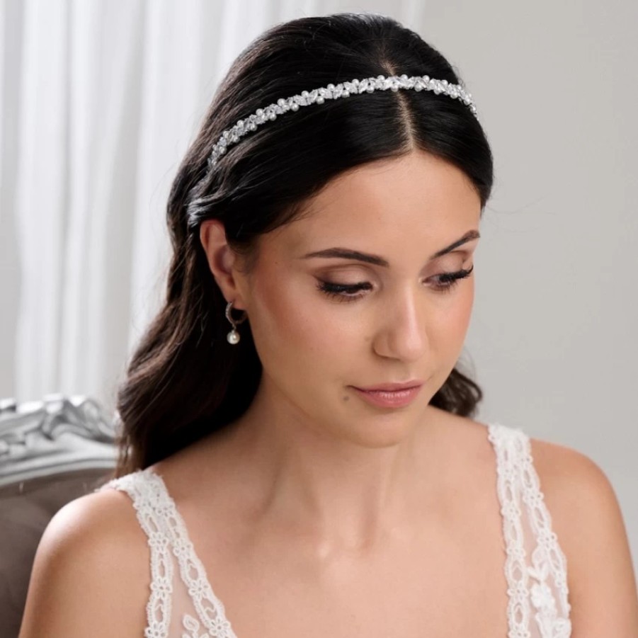 Lace & Favour Rochelle Silver Narrow Crystal And Pearl Headband Hot