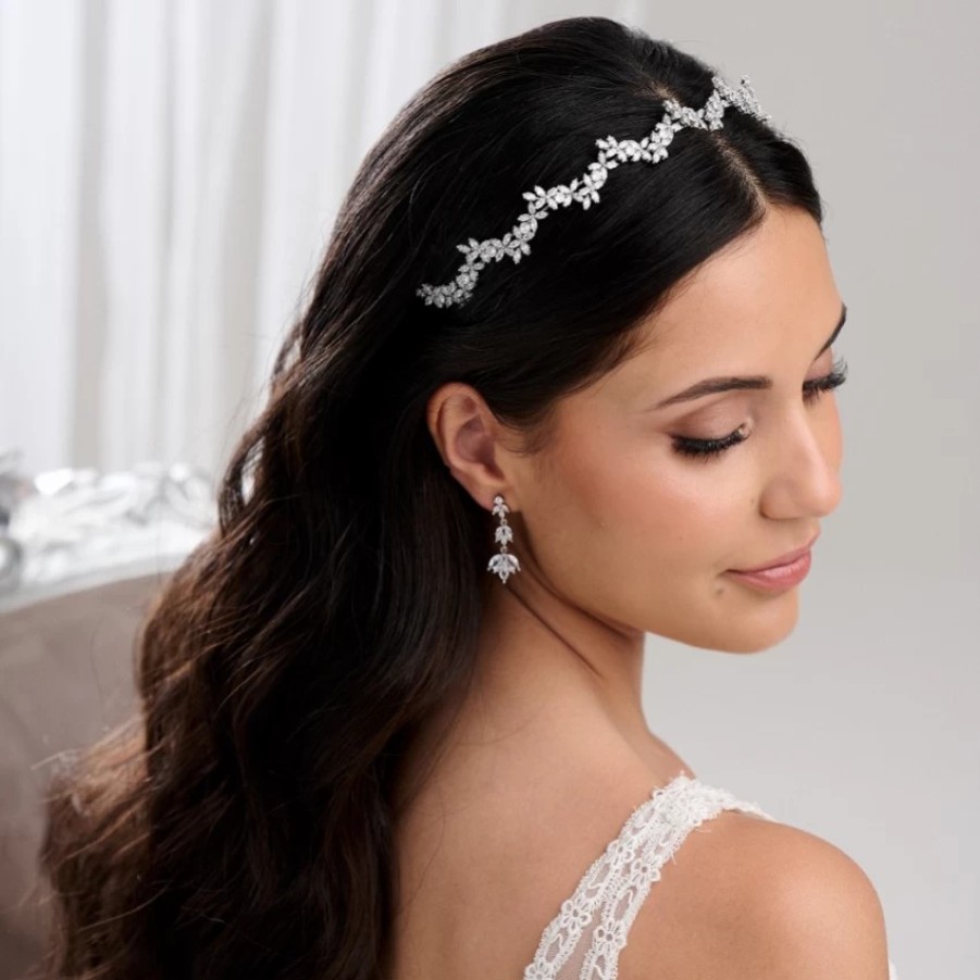 Lace & Favour Cortez Silver Dainty Cubic Zirconia Wedding Headband Hot