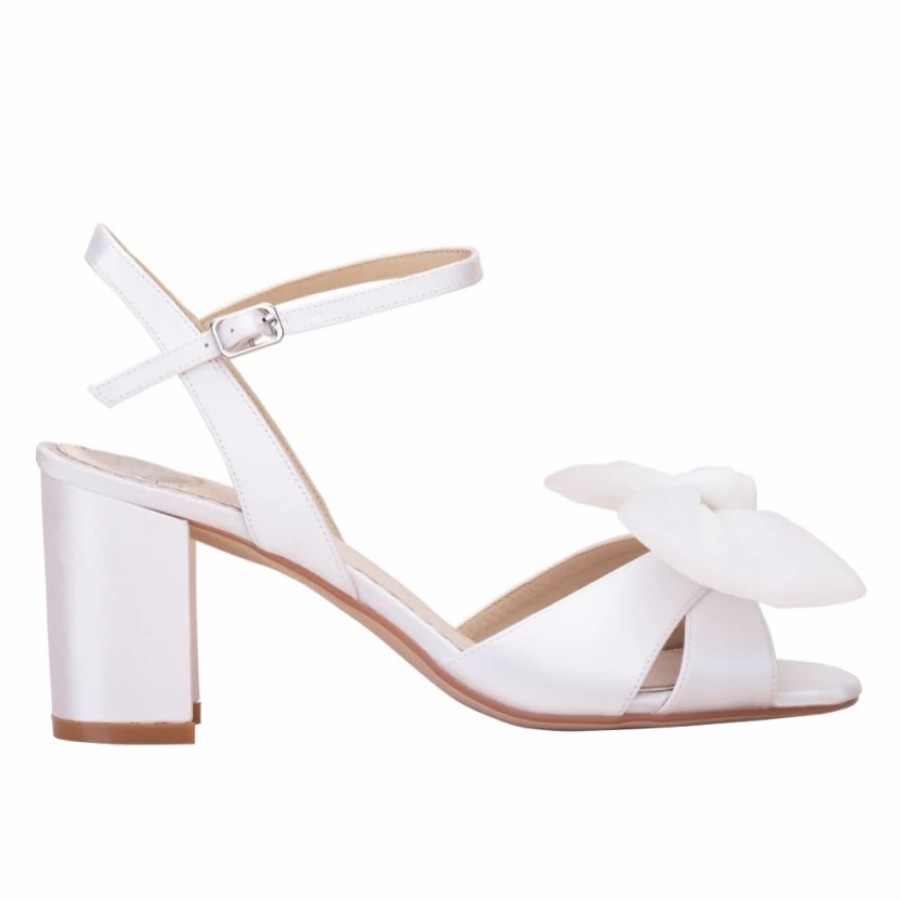 Perfect Bridal Perfect Bridal Georgia Dyeable Ivory Satin Mid Block Heel Sandals With Tulle Bow Hot