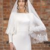 Perfect Bridal Perfect Bridal Ivory Two Tier Wide Floral Lace Edge Fingertip Veil Clearance