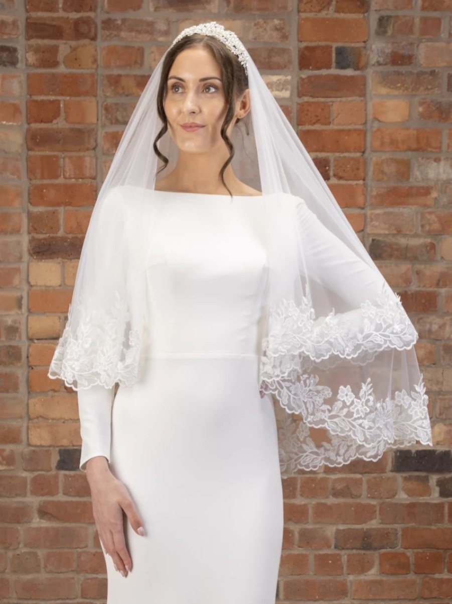 Perfect Bridal Perfect Bridal Ivory Two Tier Wide Floral Lace Edge Fingertip Veil Clearance