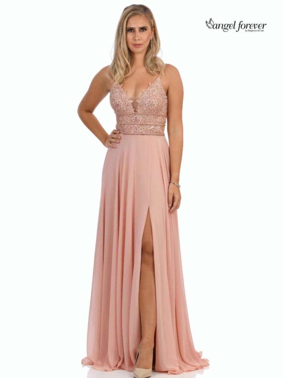 Angel Forever Angel Forever Beaded Lace A Line Chiffon Prom Dress With Slit (Rose Pink) Wholesale