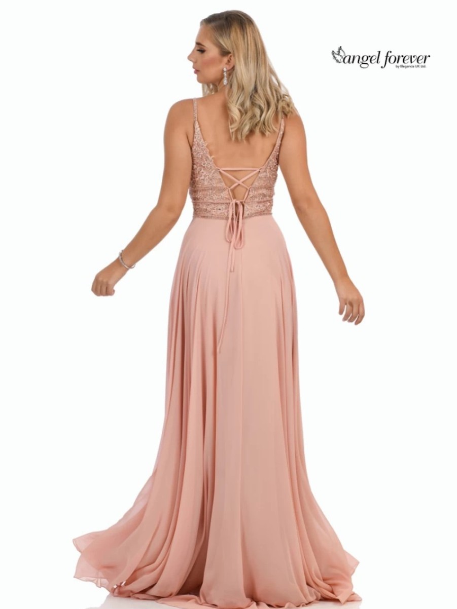 Angel Forever Angel Forever Beaded Lace A Line Chiffon Prom Dress With Slit (Rose Pink) Wholesale