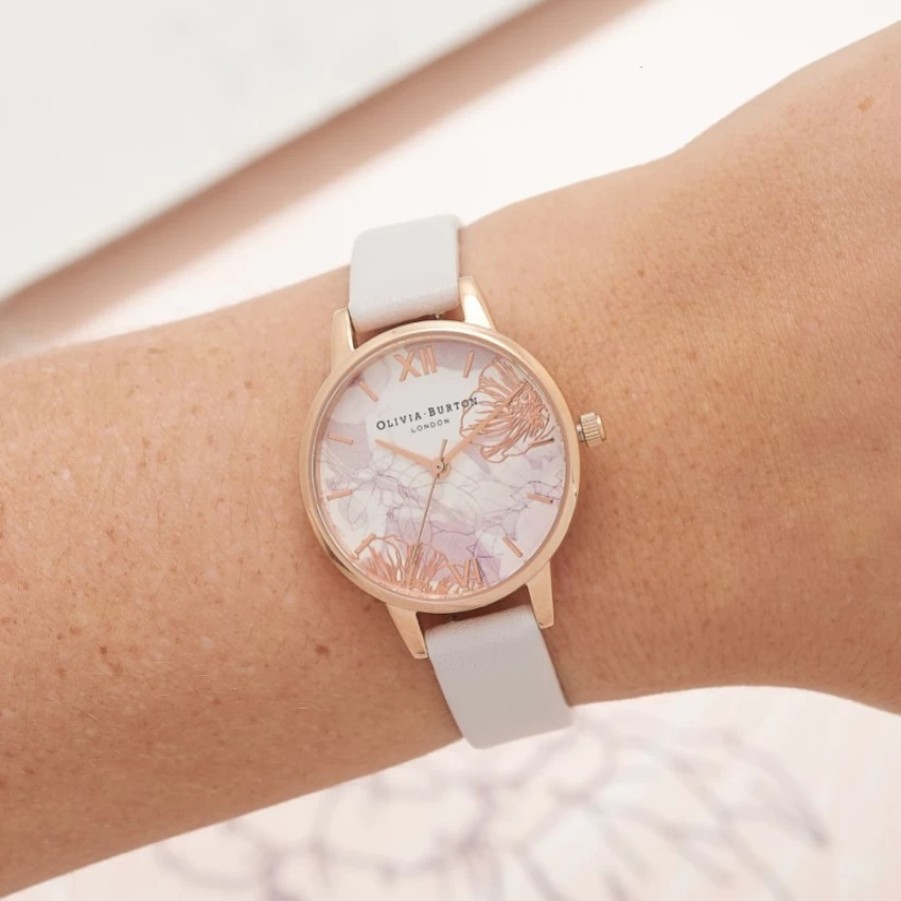 Olivia Burton Olivia Burton Floral 30Mm Rose Gold And White Leather Strap Watch Clearance