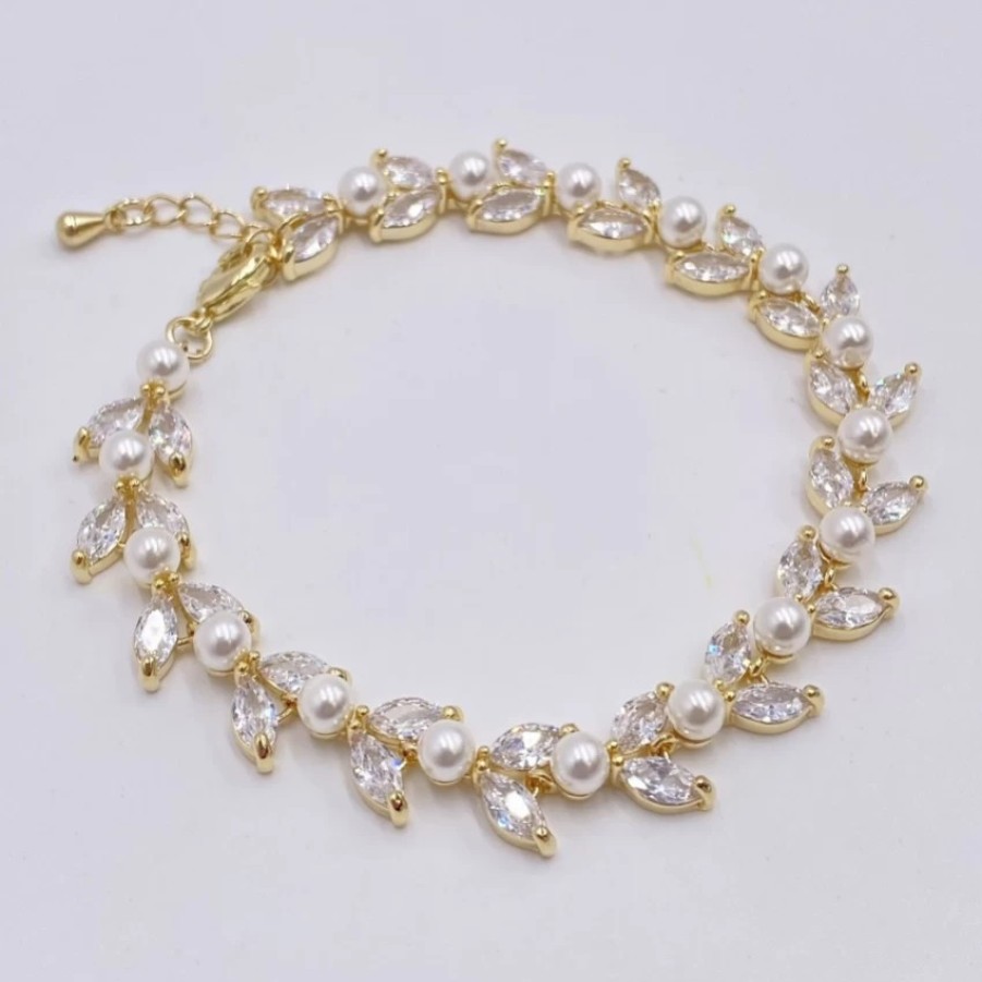 Lace & Favour Amalia Gold Cubic Zirconia And Pearl Wedding Bracelet Wholesale