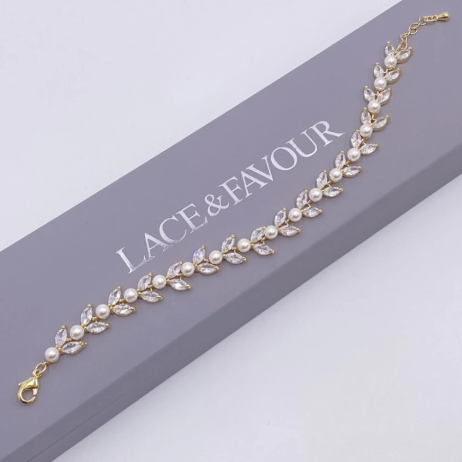 Lace & Favour Amalia Gold Cubic Zirconia And Pearl Wedding Bracelet Wholesale