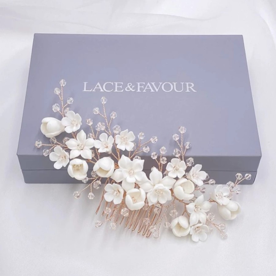 Lace & Favour Rosewood Porcelain Flowers And Crystal Hair Comb (Rose Gold) Best