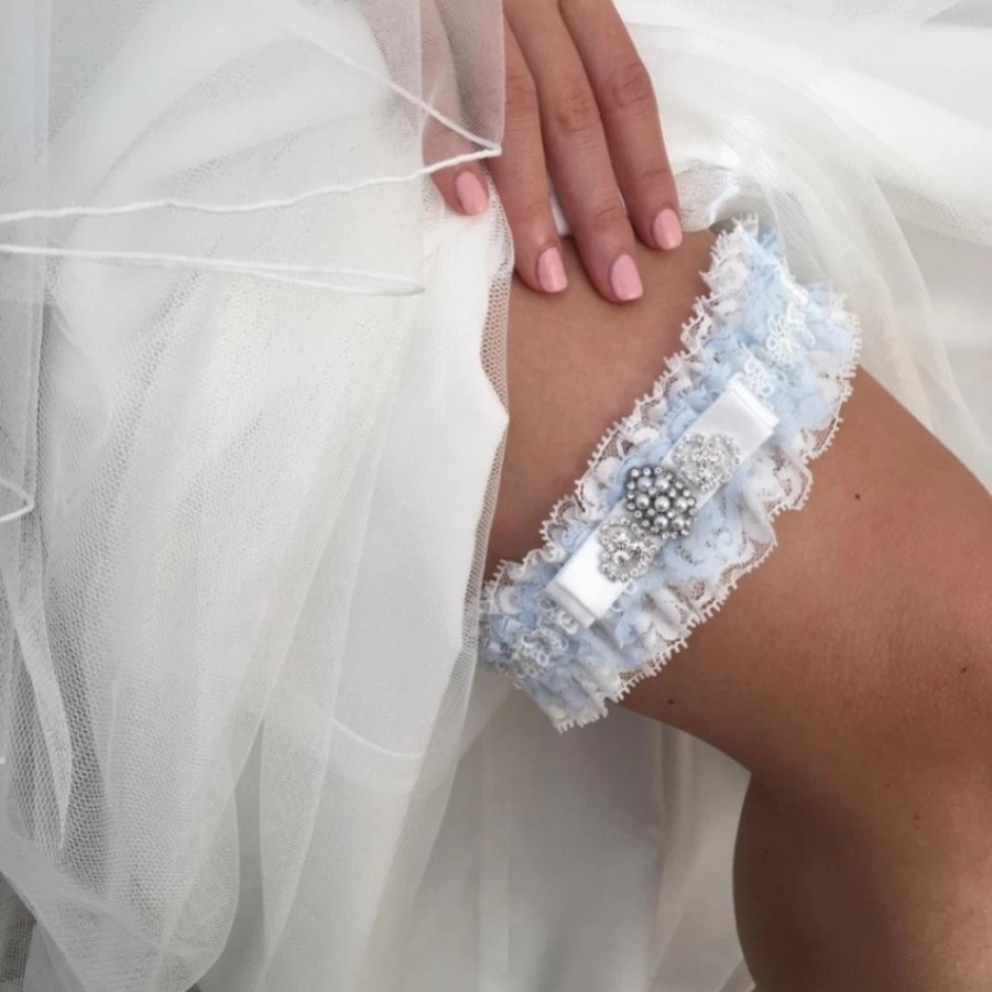 Boudoir Couture Infinity Blue And Ivory Lace Garter With Crystal Embellished Bow Clearance