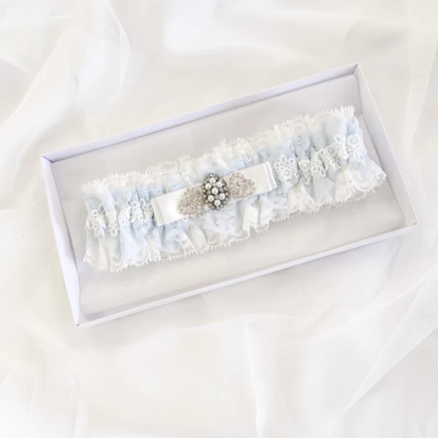 Boudoir Couture Infinity Blue And Ivory Lace Garter With Crystal Embellished Bow Clearance