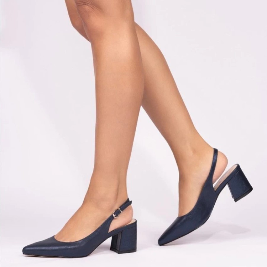 Pink Paradox London Paradox London Flynn Navy Shimmer Wide Fit Low Block Heel Slingbacks Hot