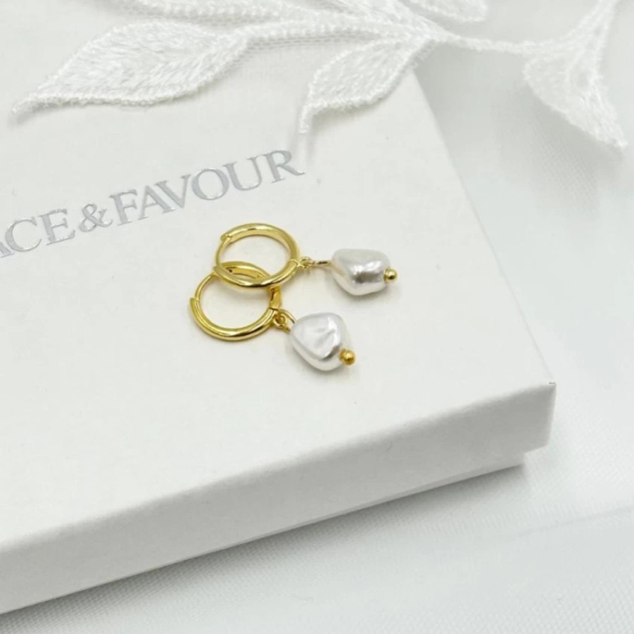 Lace & Favour Bali Gold Freshwater Pearl Huggie Hoop Earrings Online