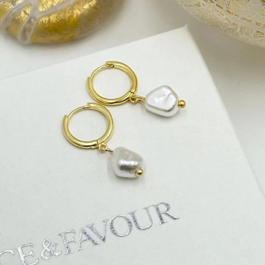 Lace & Favour Bali Gold Freshwater Pearl Huggie Hoop Earrings Online