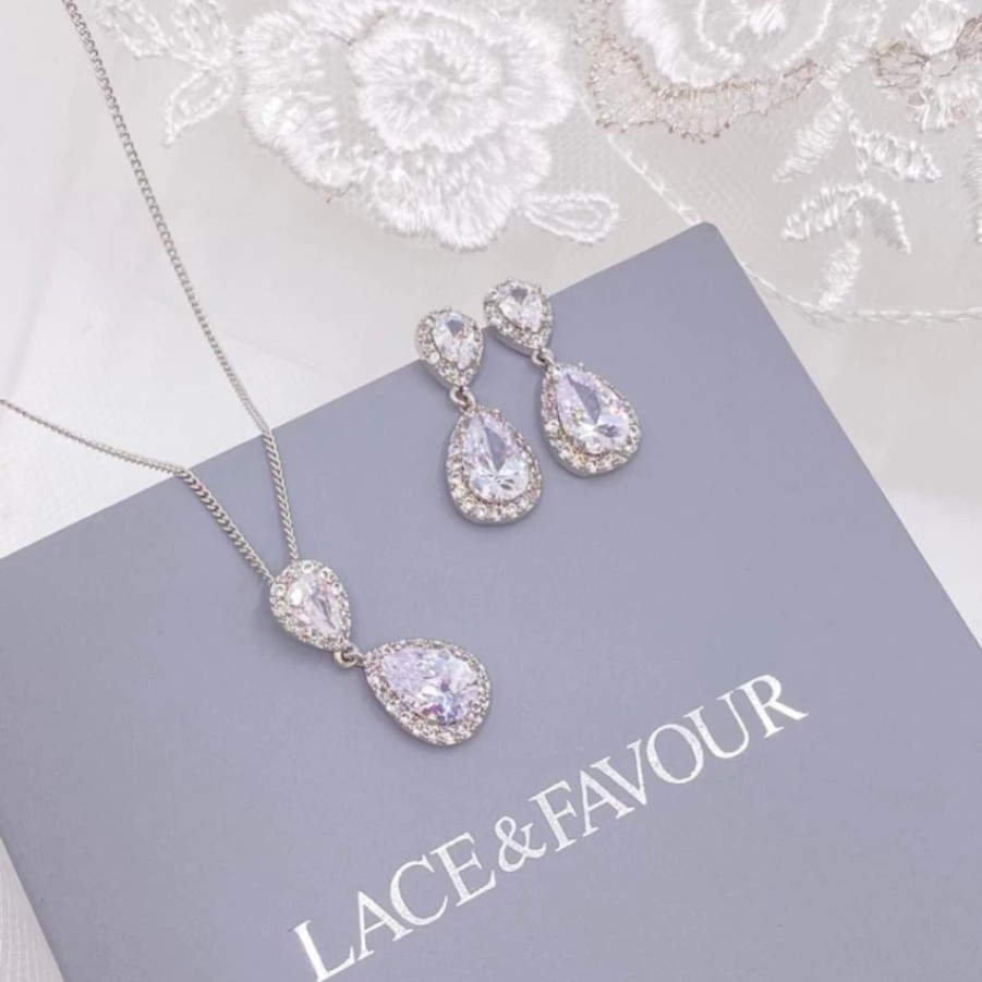 Lace & Favour Zara Silver Teardrop Crystal Wedding Jewellery Set New