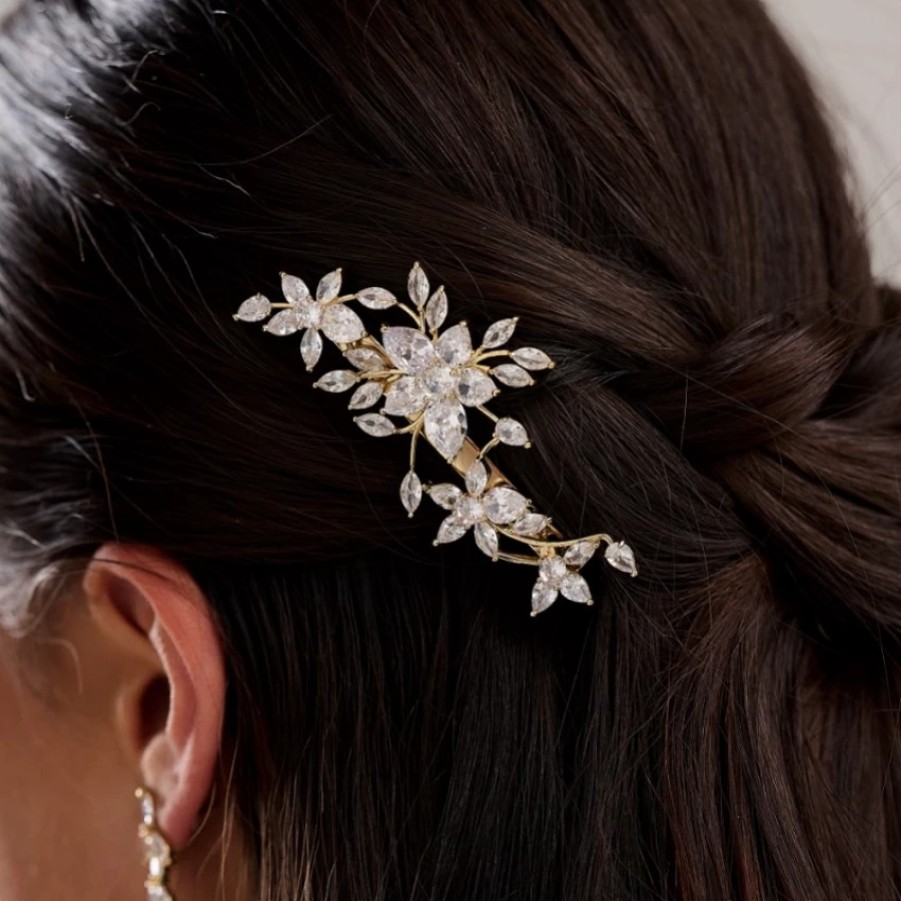 Lace & Favour Sierra Gold Floral Crystal Wedding Hair Clip Online