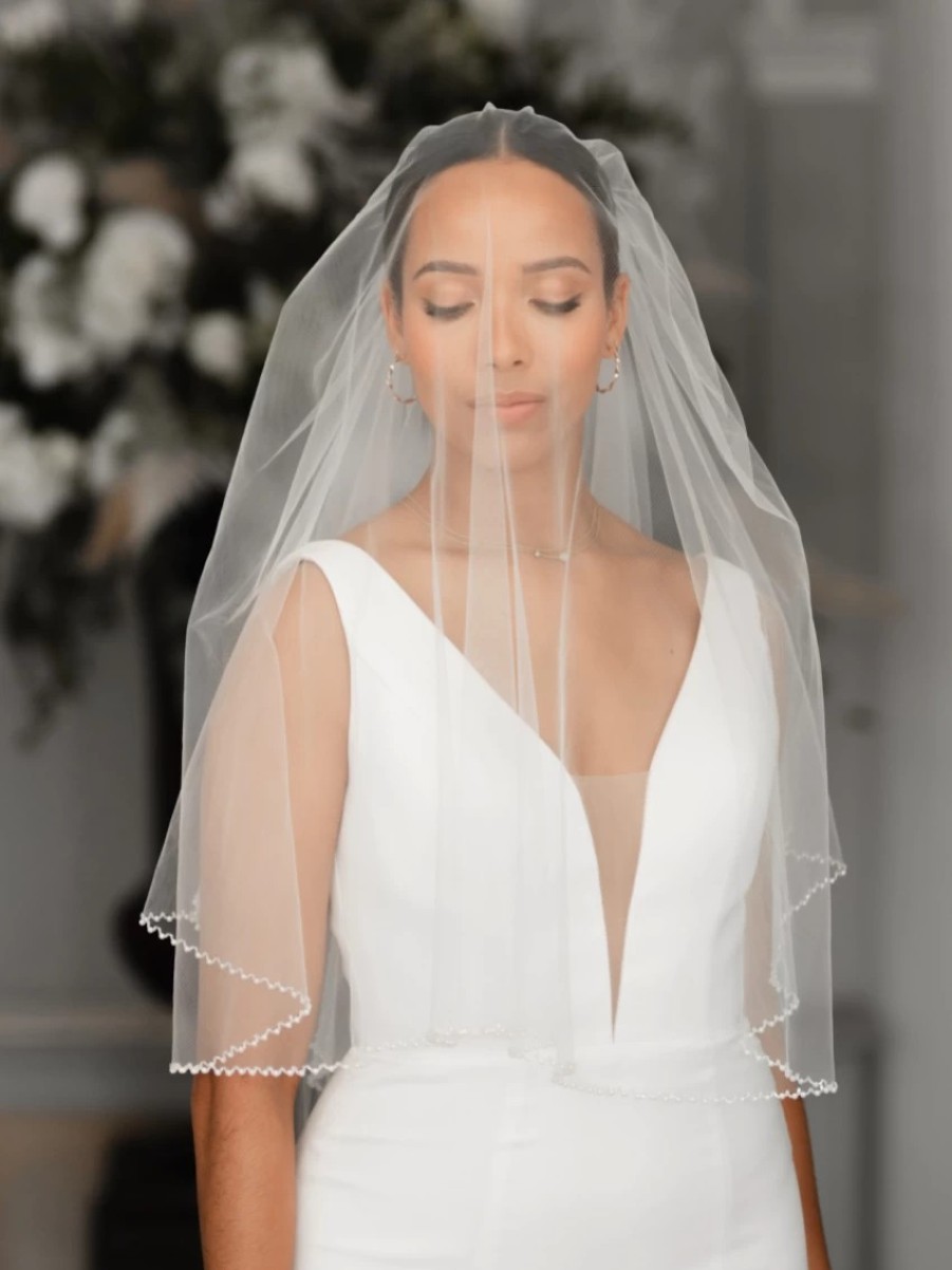 Linzi Jay Linzi Jay Two Tier Pearl Edge Ivory Tulle Fingertip Veil V684 New