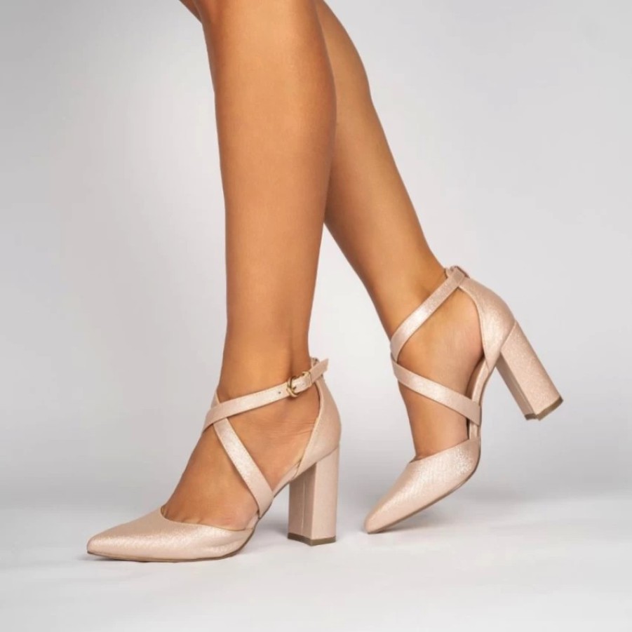 Pink Paradox London Paradox London Rylee Nude Shimmer Cross Strap Block Heel Court Shoes Best