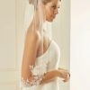 Bianco Evento Bianco Single Tier Cut Edge Waist Length Veil With Floral Lace S238 Clearance