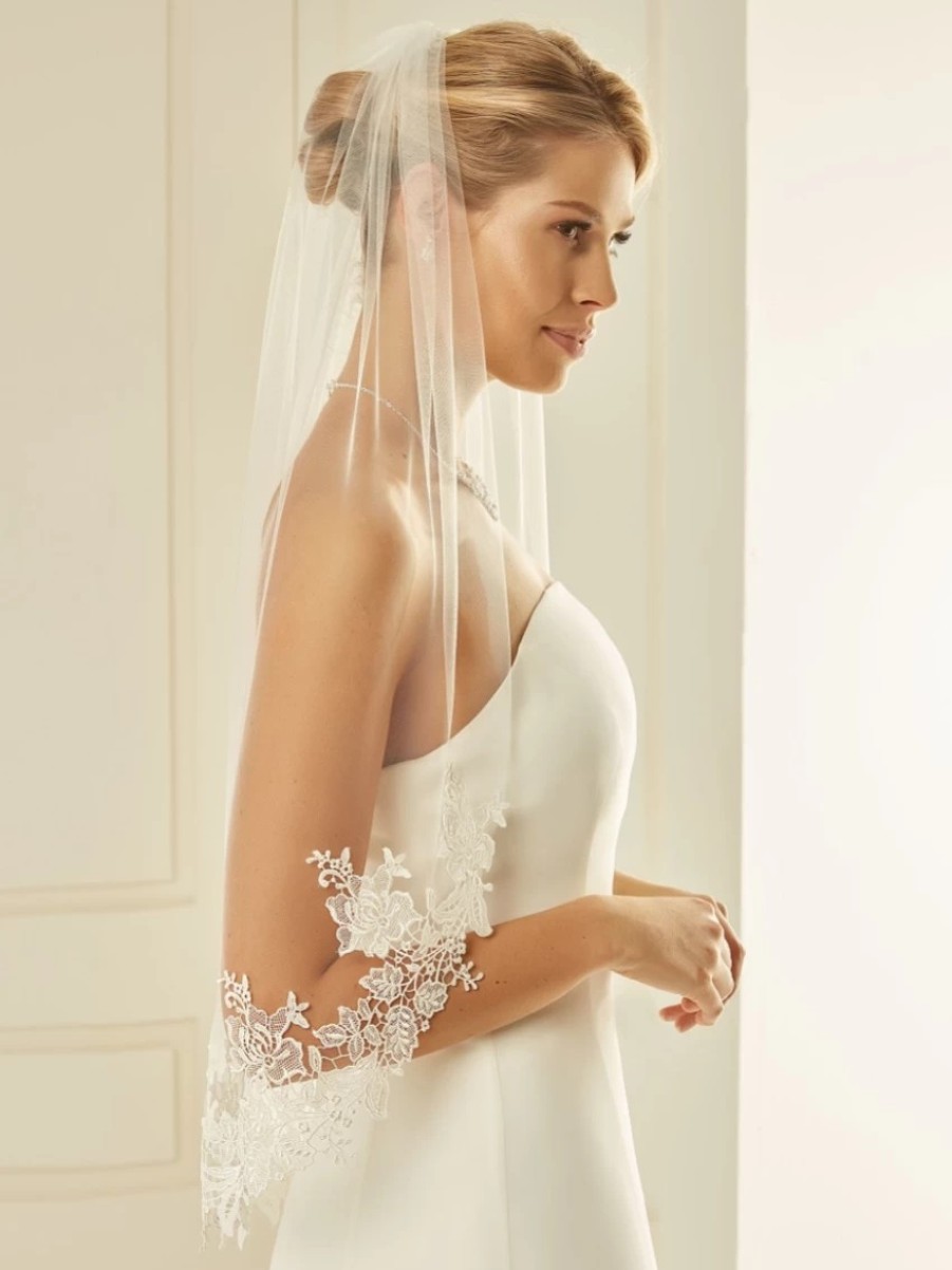 Bianco Evento Bianco Single Tier Cut Edge Waist Length Veil With Floral Lace S238 Clearance