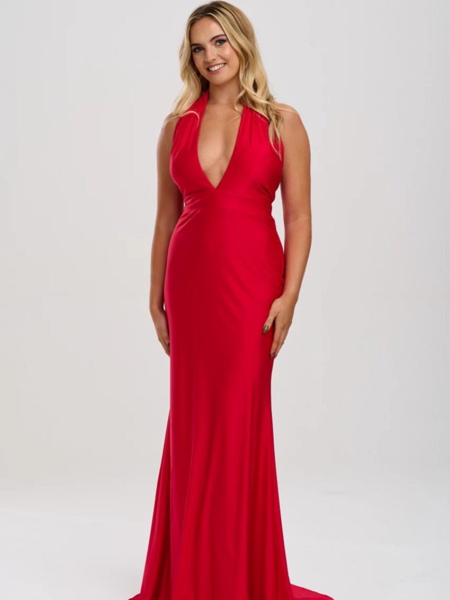 Linzi Jay Linzi Jay Halter Neck Stretch Satin Prom Dress With Train Online