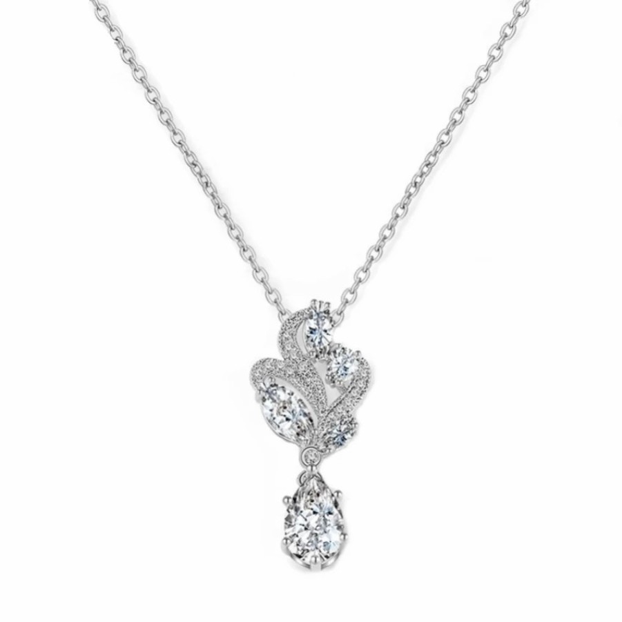 Lace & Favour Bejewelled Crystal Vintage Pendant Necklace (Silver) Hot