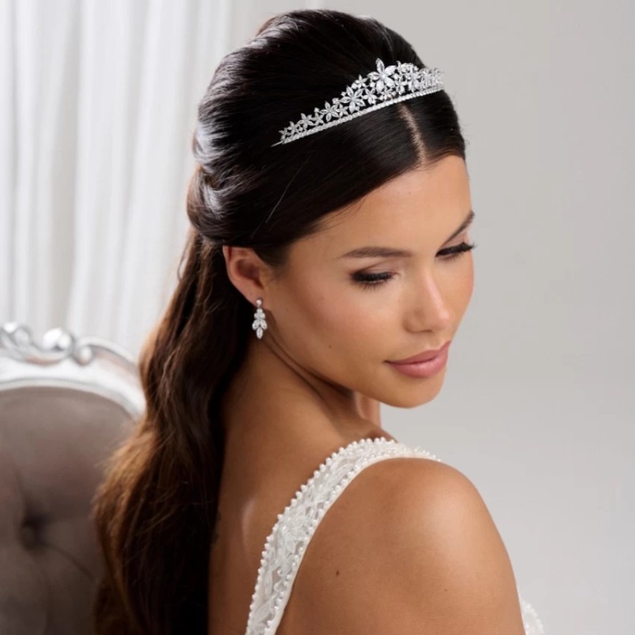 Lace & Favour Downton Silver Floral Cubic Zirconia Crystal Wedding Tiara Clearance