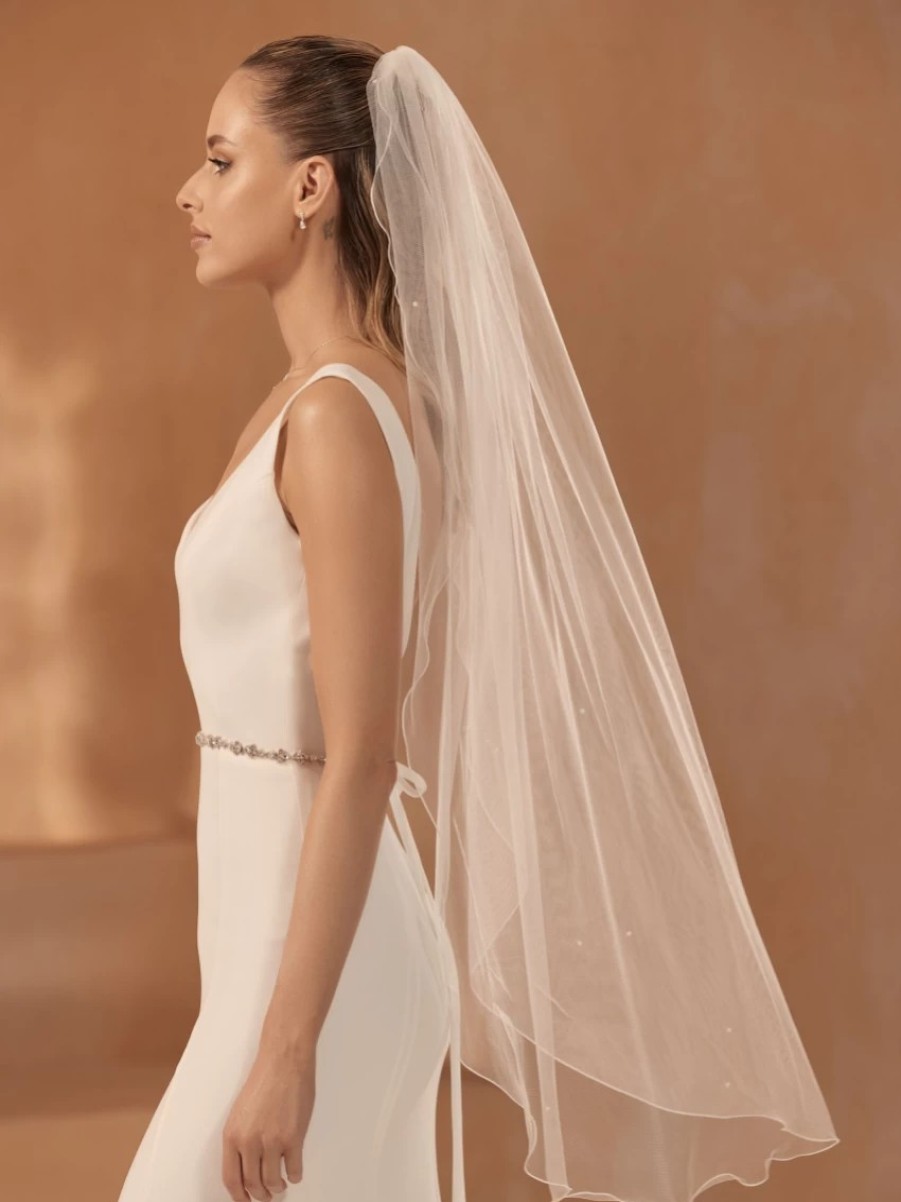 Bianco Evento Bianco Ivory Single Tier Scattered Pearl Fingertip Veil With Corded Edge S475 New