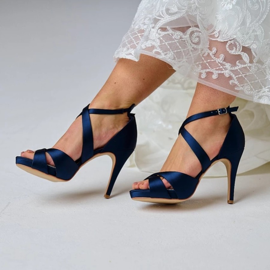 Perfect Bridal Perfect Bridal Kendall Navy Satin High Heel Cross Strap Platform Sandals Wholesale