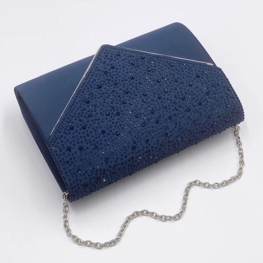 Perfect Bridal Perfect Bridal Anya Navy Satin And Diamante Envelope Clutch Bag Clearance