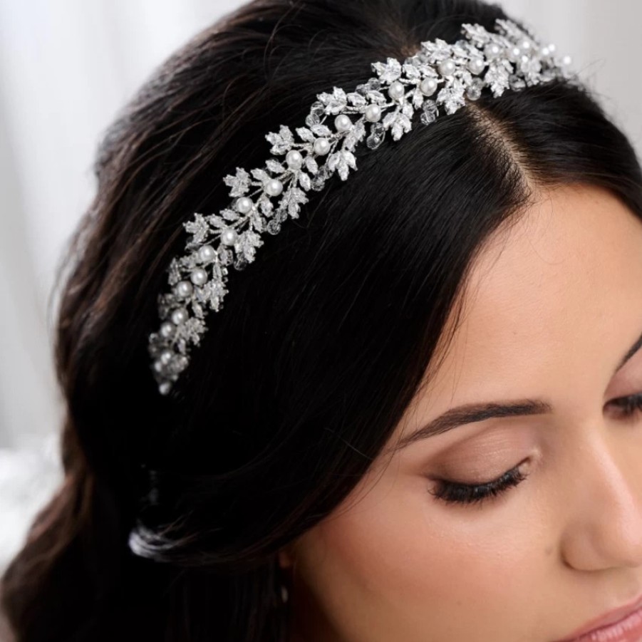 Lace & Favour Tuscany Silver Crystal Leaves And Pearl Wedding Headband Best