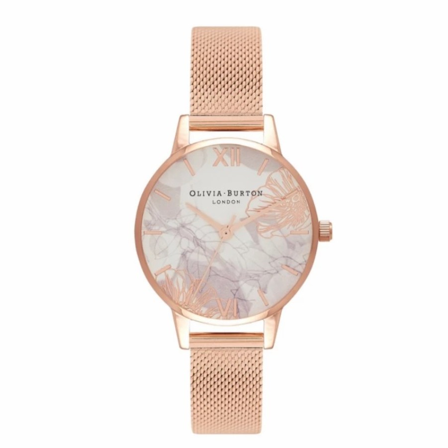 Olivia Burton Olivia Burton Floral 30Mm White And Rose Gold Mesh Watch Clearance