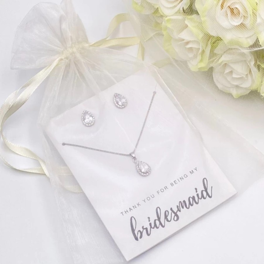 Lace & Favour Thank You For Being My Bridesmaid Silver Crystal Stud Jewellery Set New