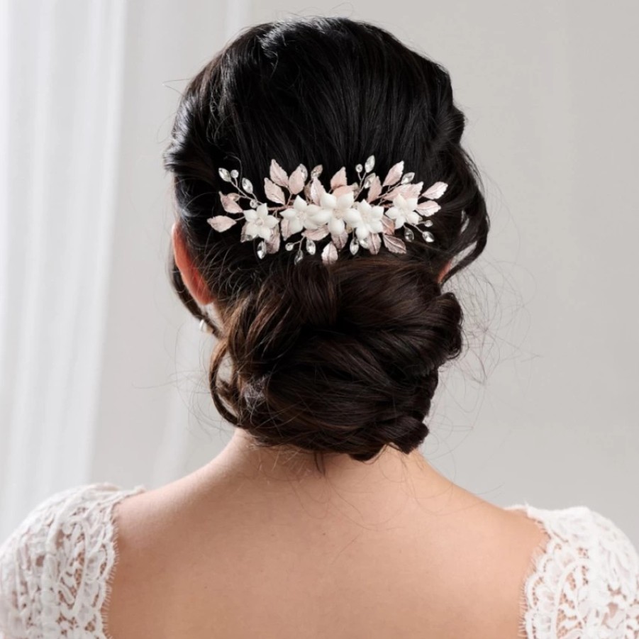 Lace & Favour Blaze Ceramic Flowers And Rose Gold Leaves Hair Comb Wholesale