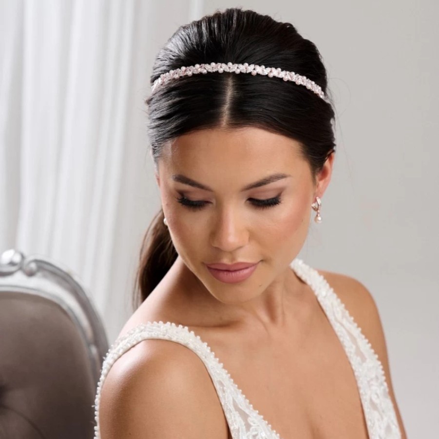 Lace & Favour Rochelle Rose Gold Narrow Crystal And Pearl Headband Best