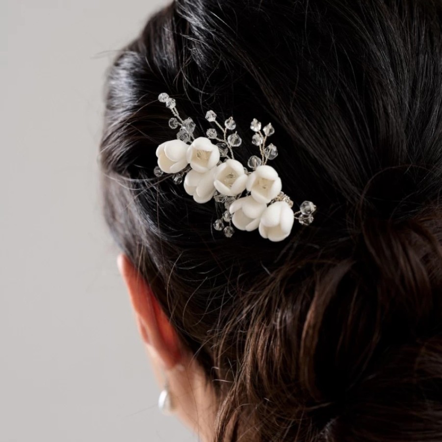 Lace & Favour Snowdrop Porcelain Flowers And Crystal Mini Hair Comb Wholesale