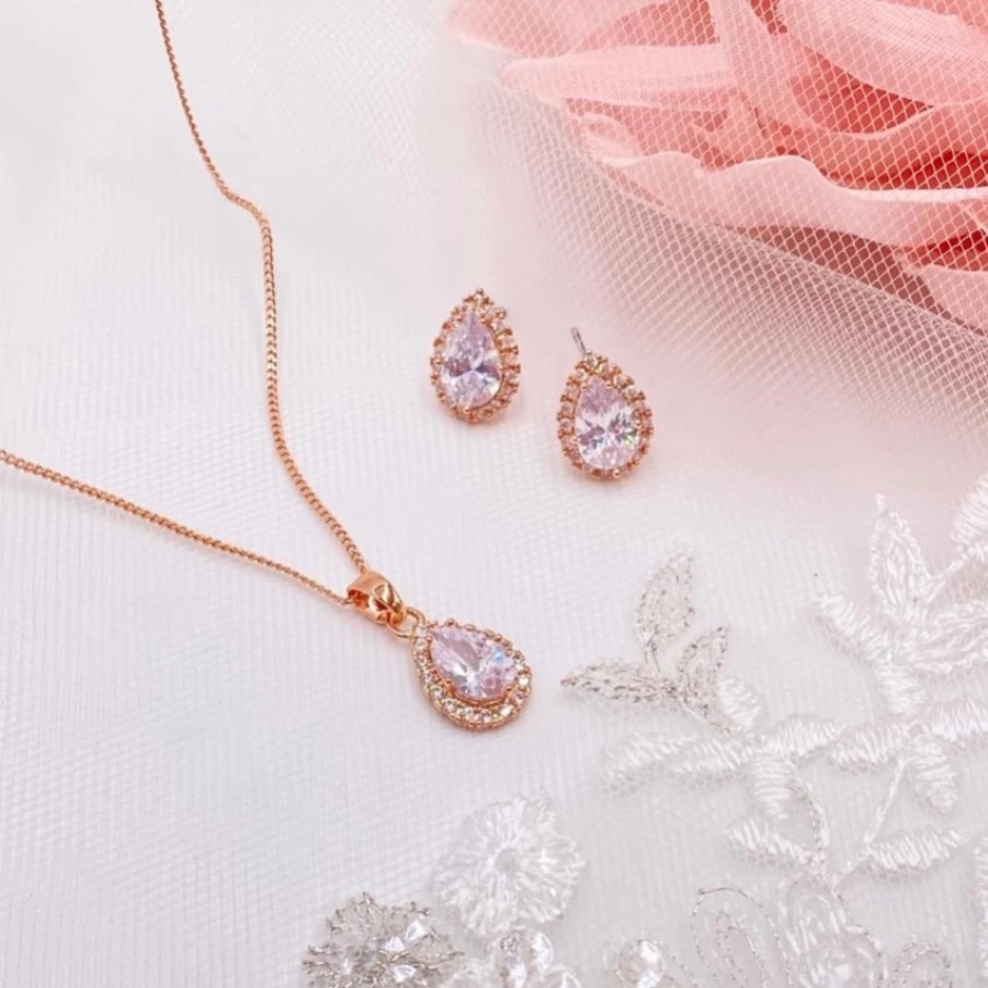 Lace & Favour Lulu Rose Gold Crystal Stud Wedding Jewellery Set Online