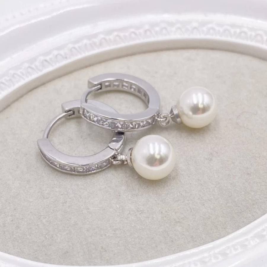 Lace & Favour Tahiti Silver Pearl Drop Crystal Huggie Hoop Earrings Hot