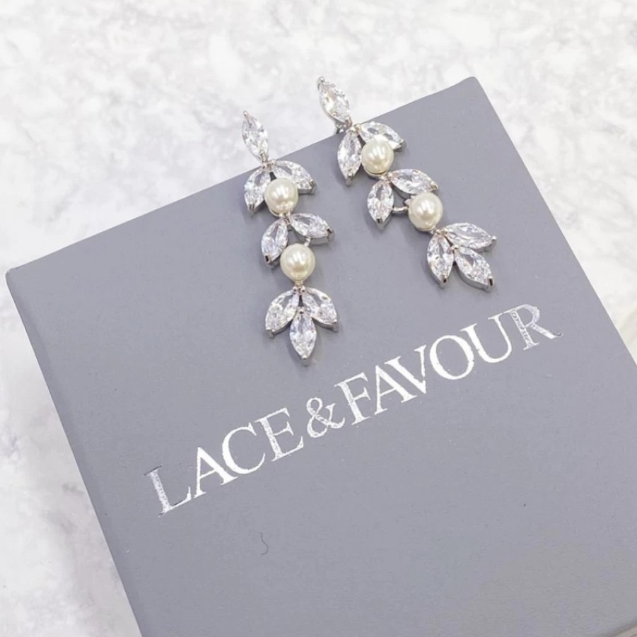 Lace & Favour Amalia Silver Cubic Zirconia And Pearl Drop Earrings New