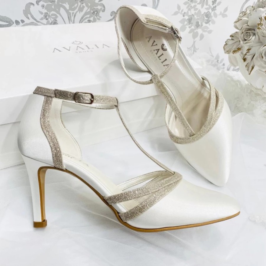 Avalia Shoes Avalia Wilma Ivory Satin And Silver Glitter T-Bar Shoes New