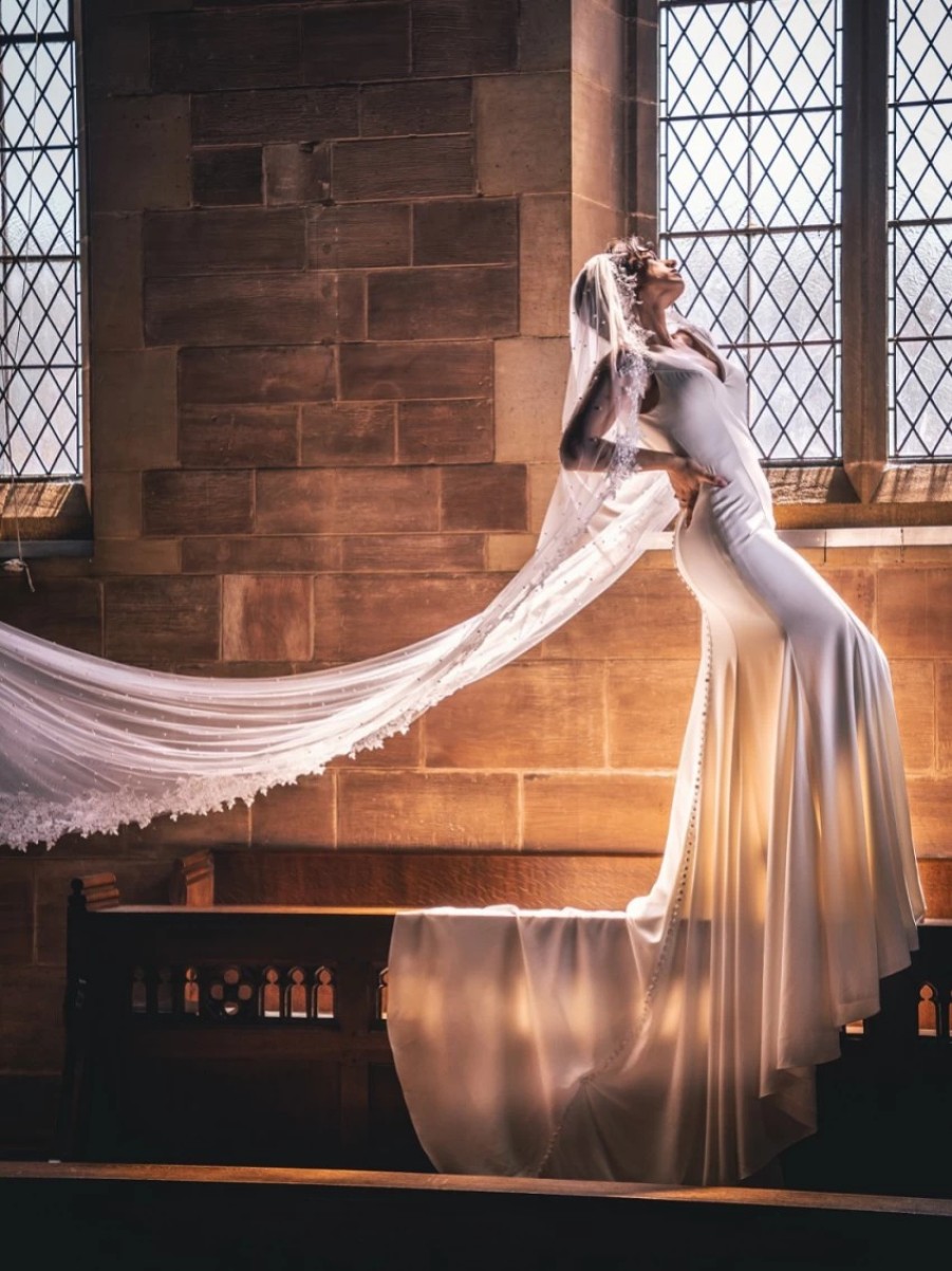 Perfect Bridal Perfect Bridal Ivory Single Tier Pearl Cathedral Veil With Floral Lace Edge Clearance